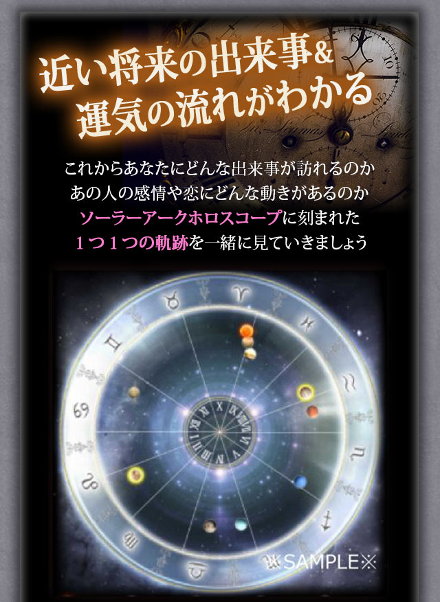 近い将来の出来事&運気の流れがわかる
これからあなたにどんな出来事が訪れるのか
あの人の感情や恋にどんな動きがあるのか
ソーラーアークホロスコープに刻まれた1つ1つの軌跡を一緒に見ていきましょう